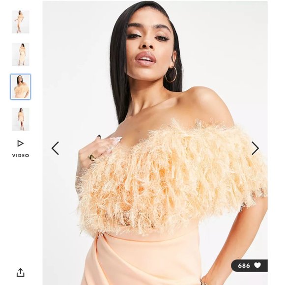 ASOS DESIGN off shoulder pencil wrap tuck feather midi dress in peach - M/Size 8 - Picture 4 of 5
